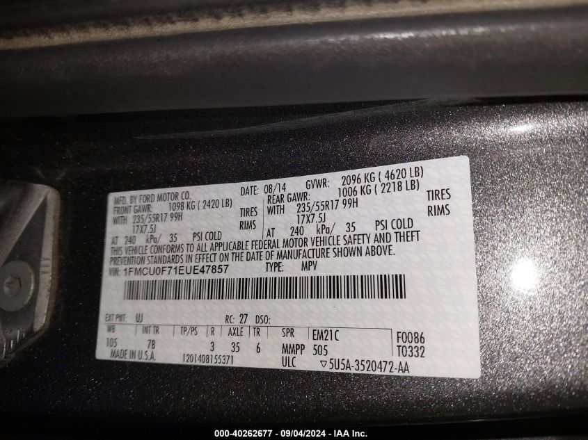 2014 Ford Escape S VIN: 1FMCU0F71EUE47857 Lot: 40262677