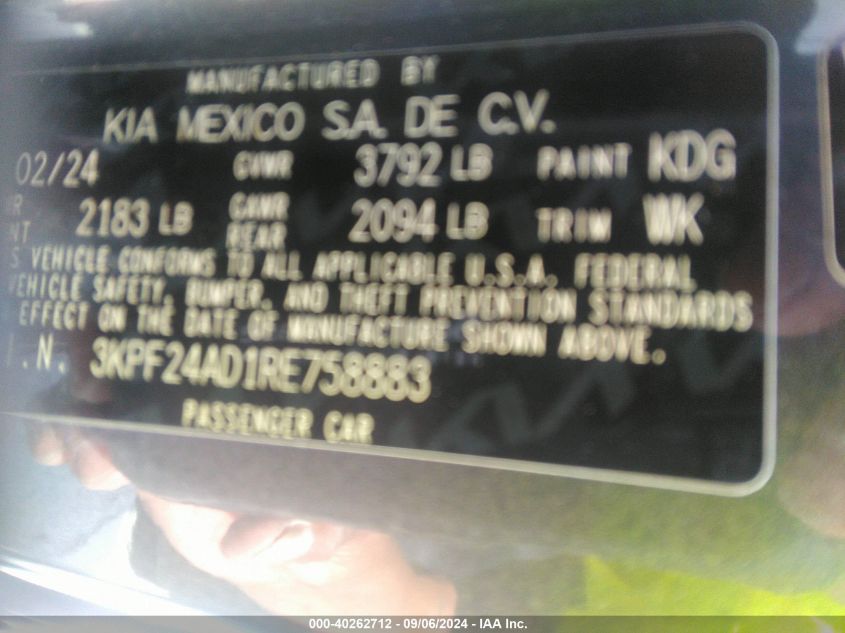 2024 Kia Forte Lxs VIN: 3KPF24AD1RE758883 Lot: 40262712