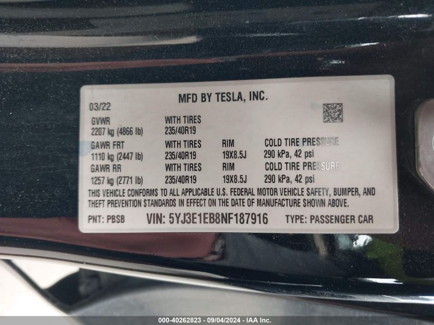 2022 Tesla Model 3 VIN: 5YJ3E1EB8NF187916 Lot: 40262823