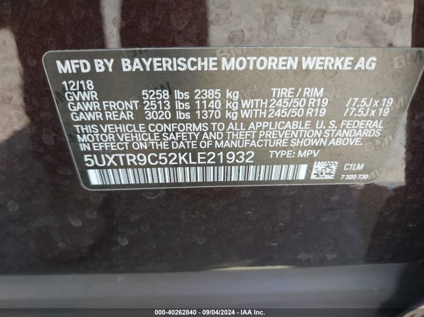 5UXTR9C52KLE21932 2019 BMW X3 xDrive30I