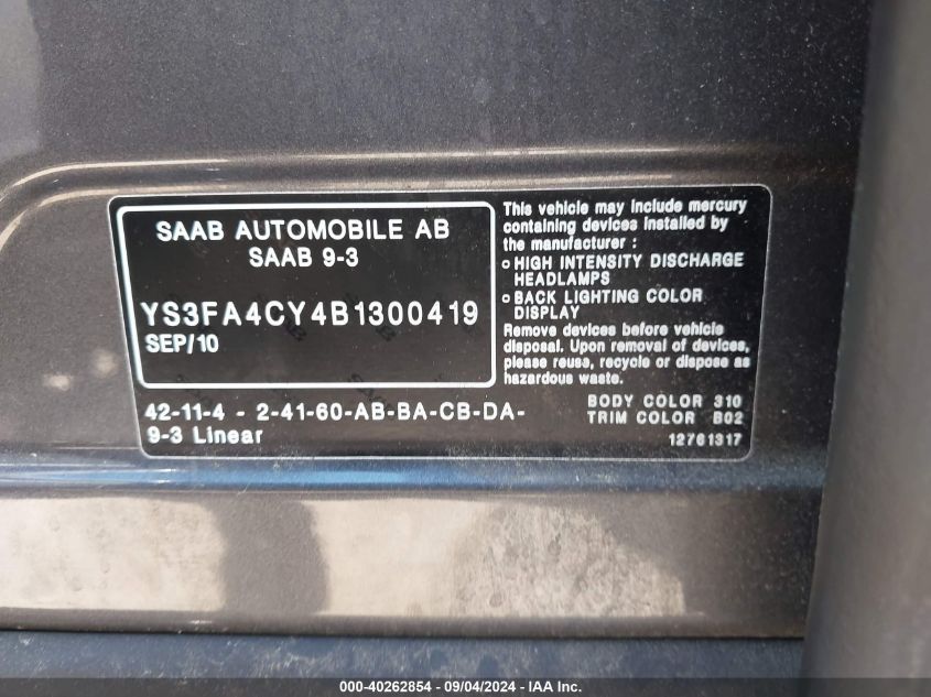 YS3FA4CY4B1300419 2011 Saab 9-3