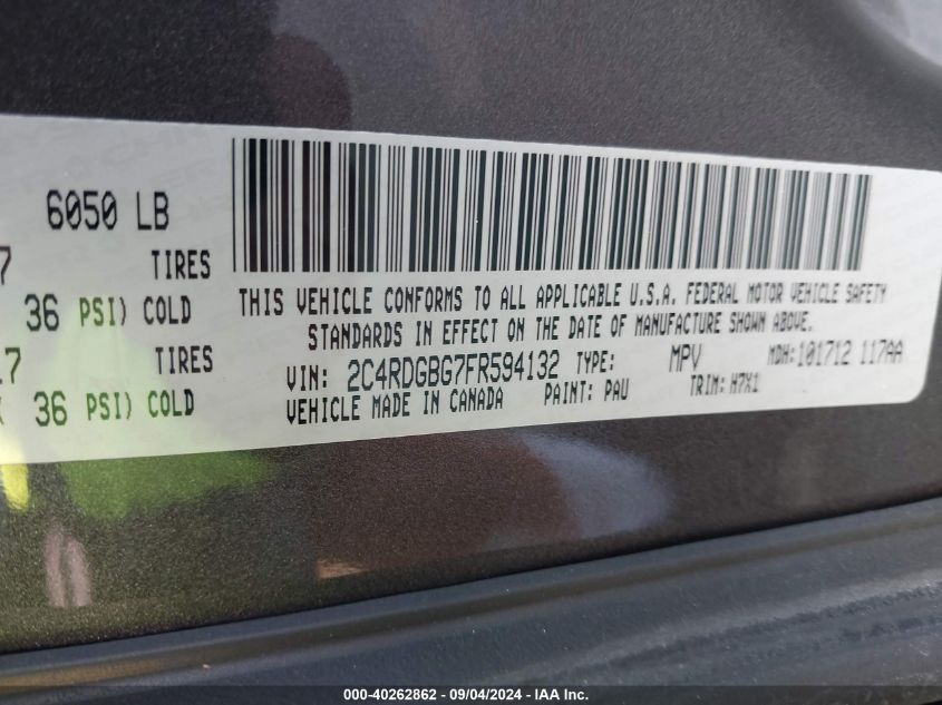 2015 Dodge Grand Caravan Se VIN: 2C4RDGBG7FR594132 Lot: 40262862