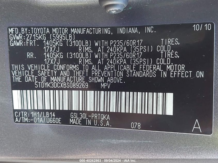 5TDYK3DCXBS089269 2011 Toyota Sienna Xle V6