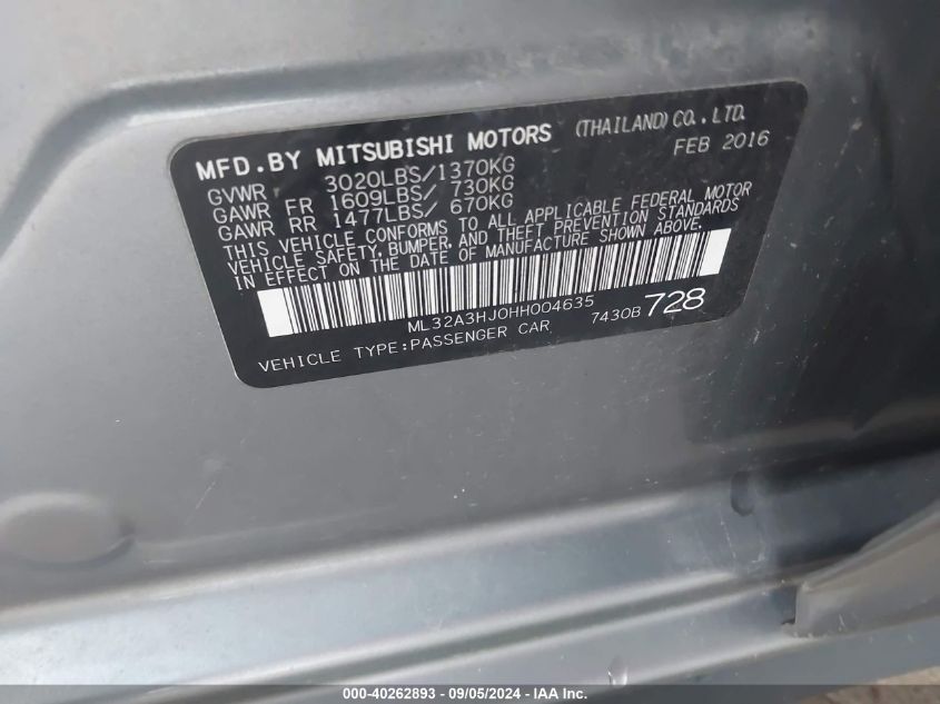 2017 Mitsubishi Mirage Es VIN: ML32A3HJ0HH004635 Lot: 40262893