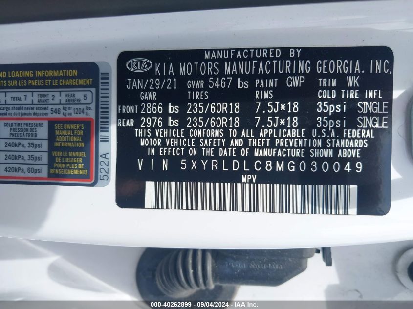 2021 KIA SORENTO S - 5XYRLDLC8MG030049