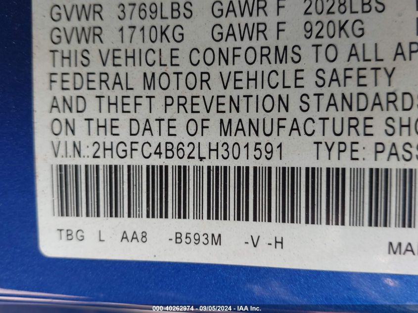 2020 Honda Civic Lx VIN: 2HGFC4B62LH301591 Lot: 40262974