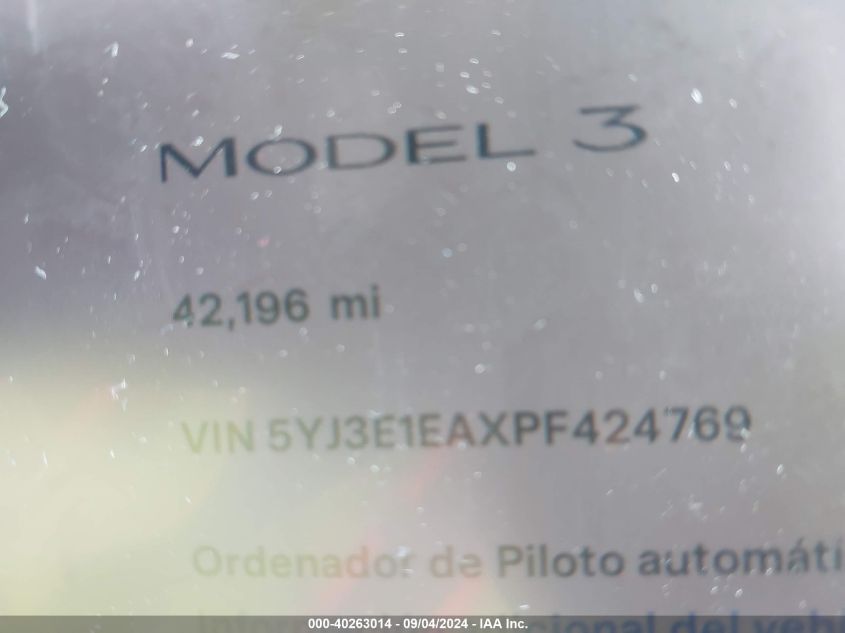 2023 Tesla Model 3 Rear-Wheel Drive VIN: 5YJ3E1EAXPF424769 Lot: 40263014