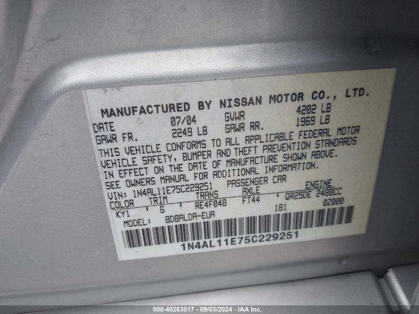 2005 Nissan Altima 2.5 S VIN: 1N4AL11E75C229251 Lot: 40263017