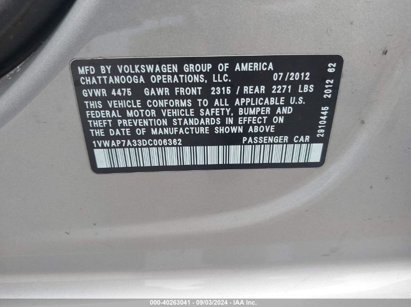 2013 Volkswagen Passat 2.5L S VIN: 1VWAP7A33DC006362 Lot: 40263041