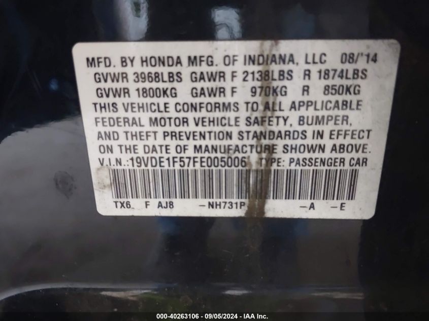 19VDE1F57FE005006 2015 Acura Ilx 2.0L