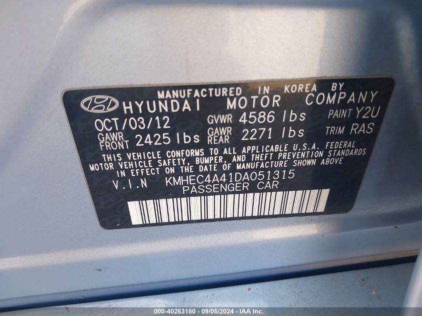 2013 Hyundai Sonata Hybrid Hybrid VIN: KMHEC4A41DA051315 Lot: 40263180