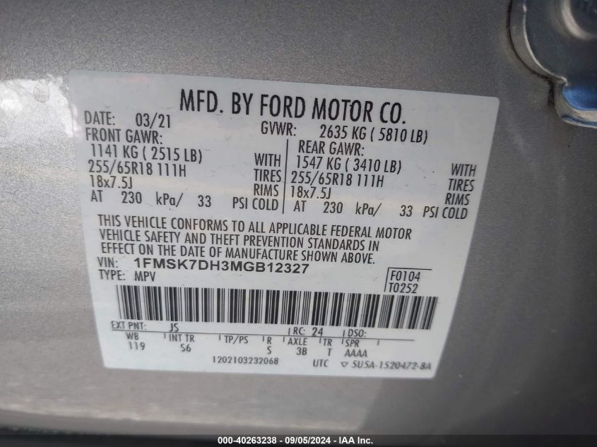 1FMSK7DH3MGB12327 2021 Ford Explorer Xlt