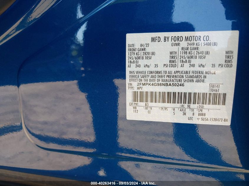 2022 Ford Edge Se VIN: 2FMPK4G98NBA50246 Lot: 40263416