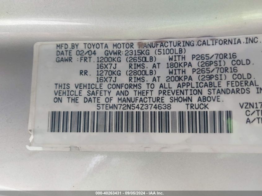 2004 Toyota Tacoma Base V6 VIN: 5TEWN72N54Z374638 Lot: 40263431