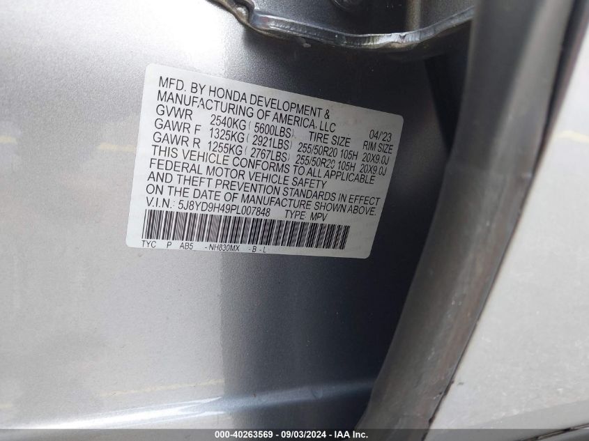2023 Acura Mdx Technology Package VIN: 5J8YD9H49PL007848 Lot: 40263569