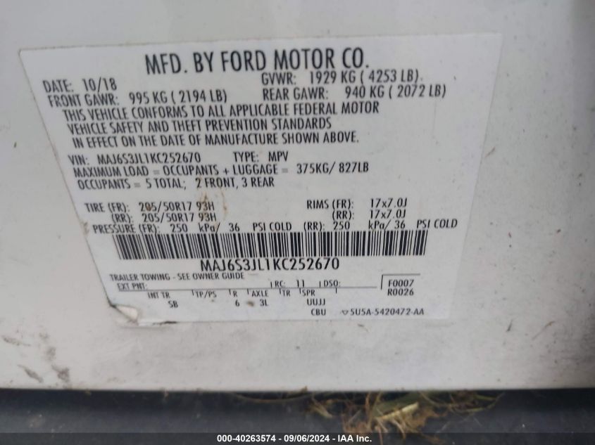 MAJ6S3JL1KC252670 2019 Ford Ecosport Ses