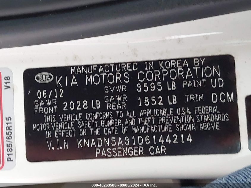 2013 Kia Rio Ex VIN: KNADN5A31D6144214 Lot: 40263585