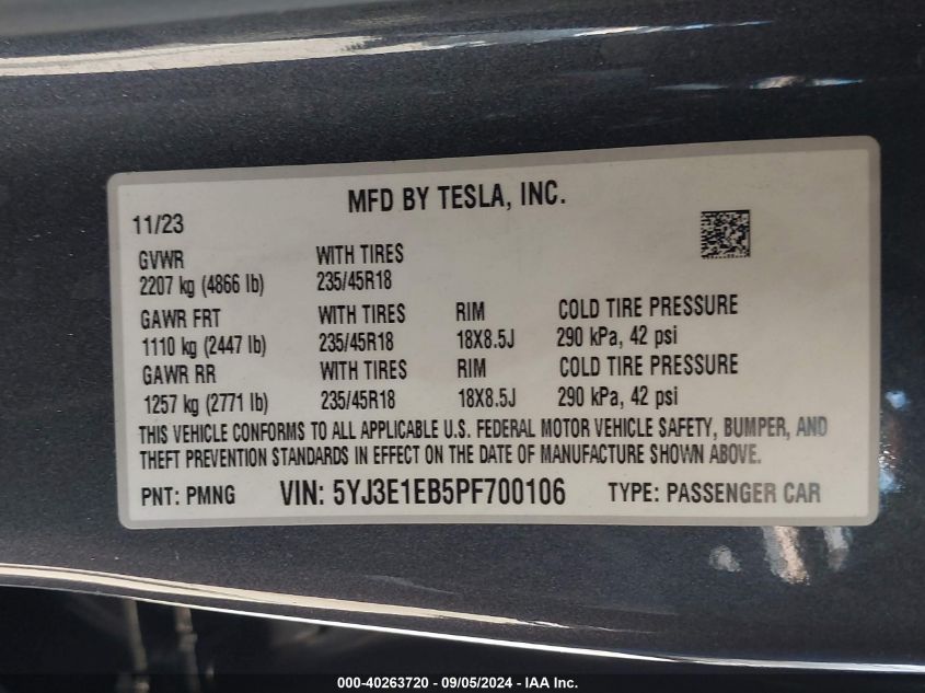 2023 Tesla Model 3 Long Range Dual Motor All-Wheel Drive VIN: 5YJ3E1EB5PF700106 Lot: 40263720