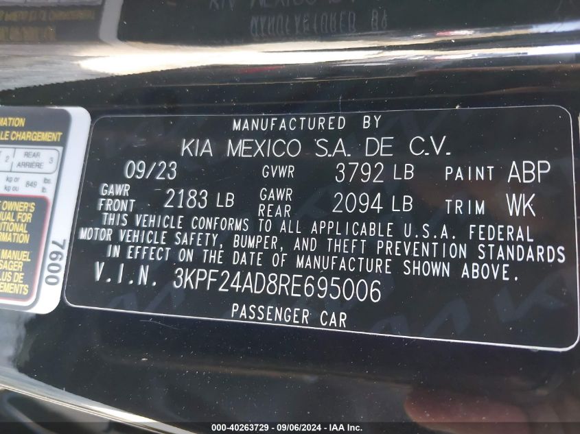 2024 Kia Forte Lx VIN: 3KPF24AD8RE695006 Lot: 40263729