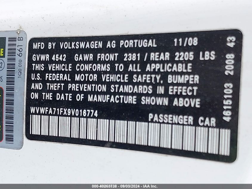 2009 Volkswagen Eos Lux VIN: WVWFA71FX9V016774 Lot: 40263738