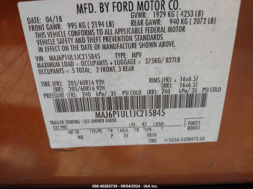 2018 Ford Ecosport Se VIN: MAJ6P1UL1JC215845 Lot: 40263739