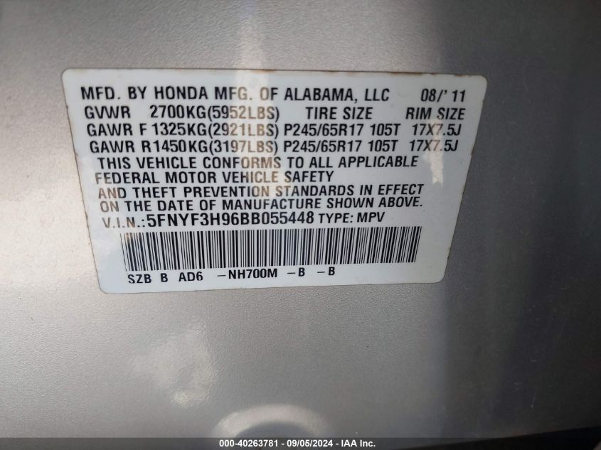 2011 Honda Pilot Touring VIN: 5FNYF3H96BB055448 Lot: 40263781