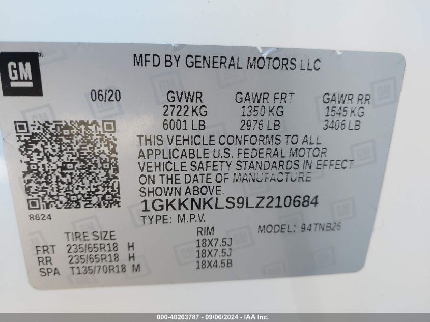 1GKKNKLS9LZ210684 2020 GMC Acadia Fwd Sle