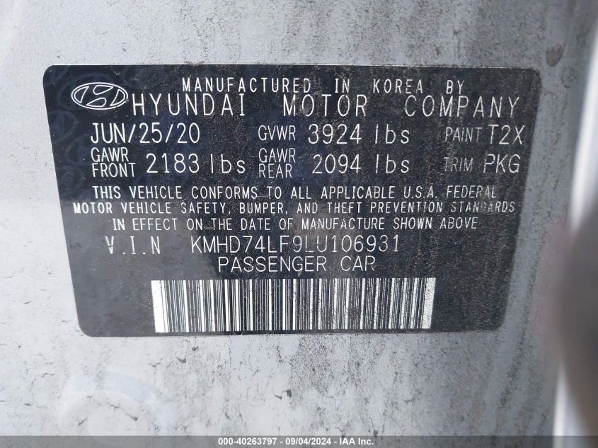 2020 Hyundai Elantra Se VIN: KMHD74LF9LU106931 Lot: 40263797