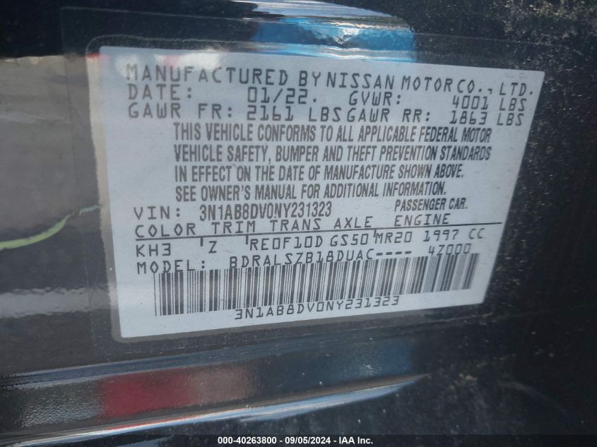 2022 Nissan Sentra Sr Xtronic Cvt VIN: 3N1AB8DV0NY231323 Lot: 40263800