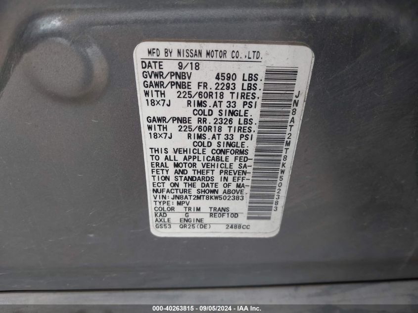 2019 NISSAN ROGUE S/SV - JN8AT2MT8KW502383