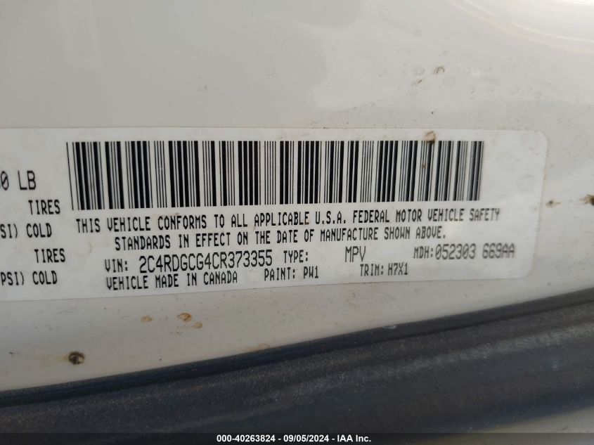 2012 Dodge Grand Caravan Sxt VIN: 2C4RDGCG4CR373355 Lot: 40263824