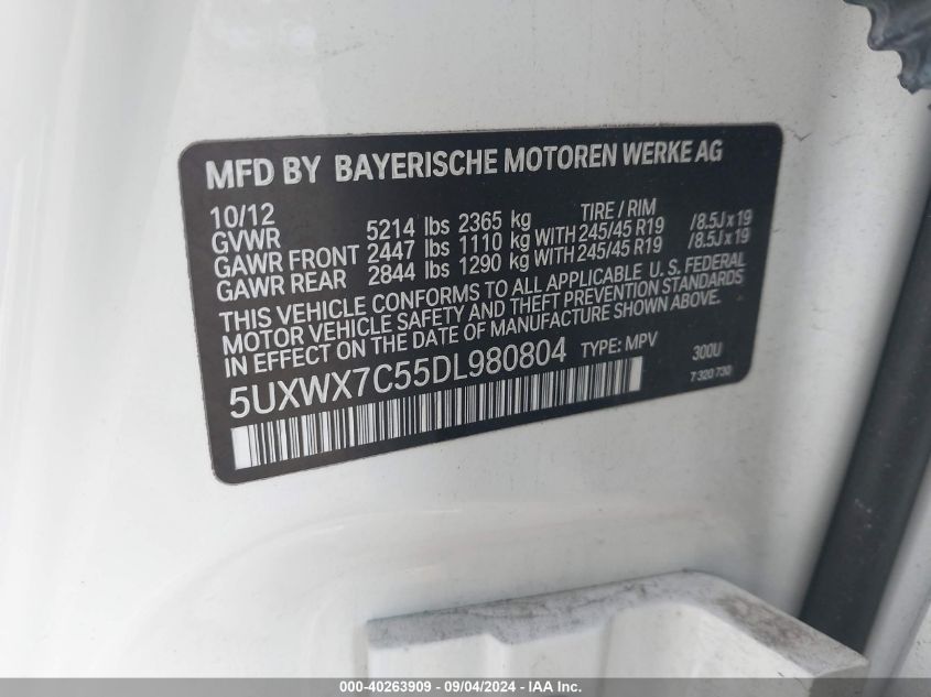 2013 BMW X3 xDrive35I VIN: 5UXWX7C55DL980804 Lot: 40935536