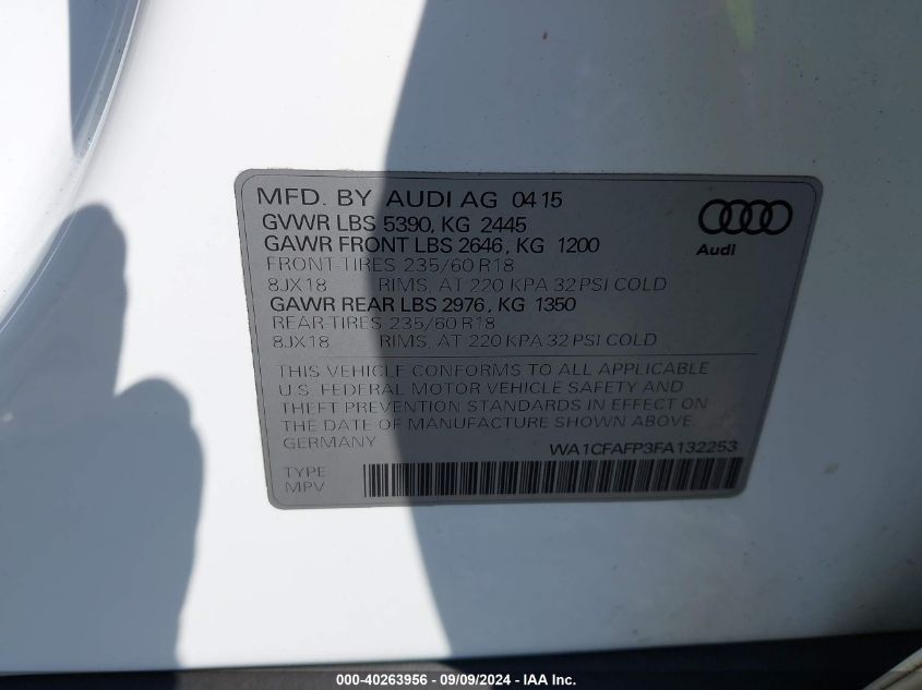 2015 Audi Q5 Premium VIN: WA1CFAFP3FA132253 Lot: 40263956