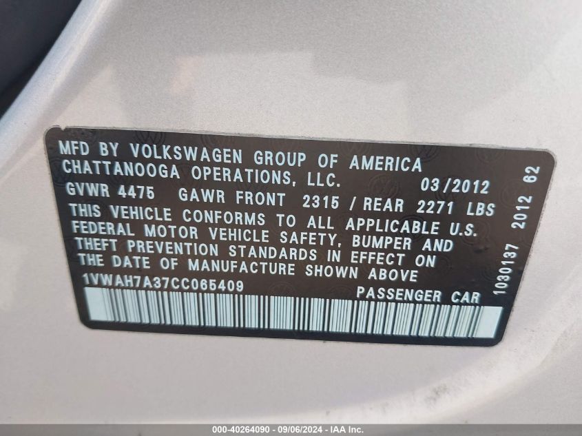 1VWAH7A37CC065409 2012 Volkswagen Passat 2.5L S