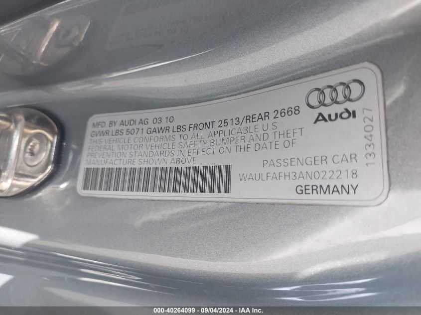 2010 Audi A5 Premium Plus VIN: WAULFAFH3AN022218 Lot: 40264099