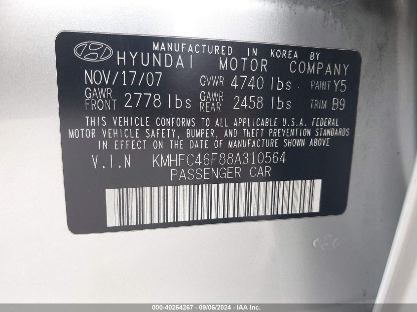 2008 Hyundai Azera Limited VIN: KMHFC46F88A310564 Lot: 40264267