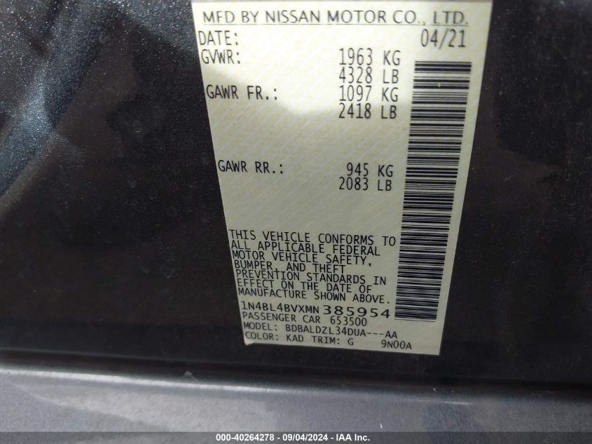 2021 Nissan Altima S Fwd VIN: 1N4BL4BVXMN385954 Lot: 40264278