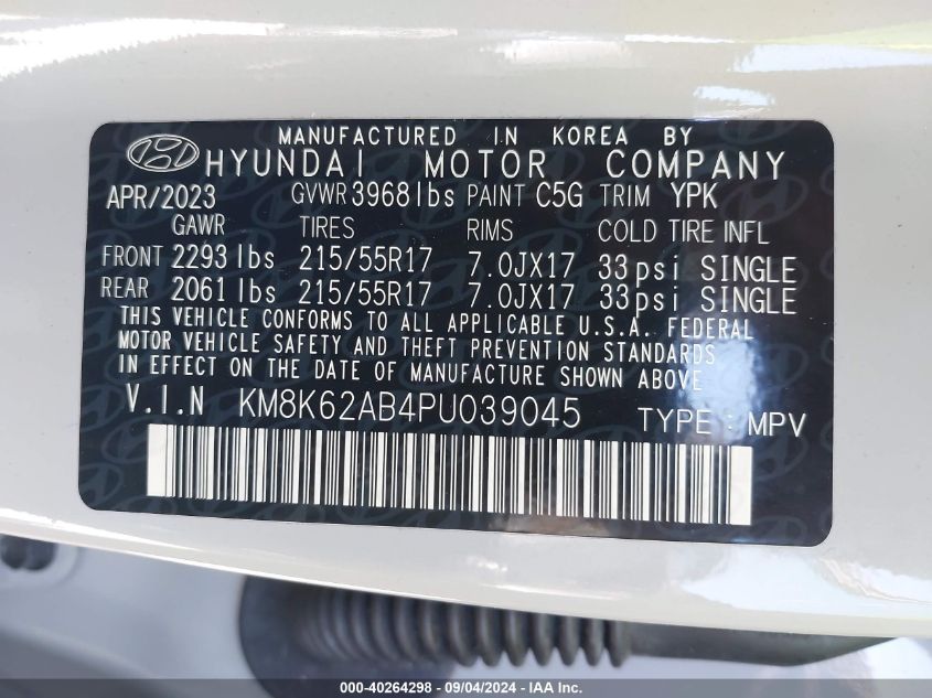 2023 Hyundai Kona Sel VIN: KM8K62AB4PU039045 Lot: 40264298