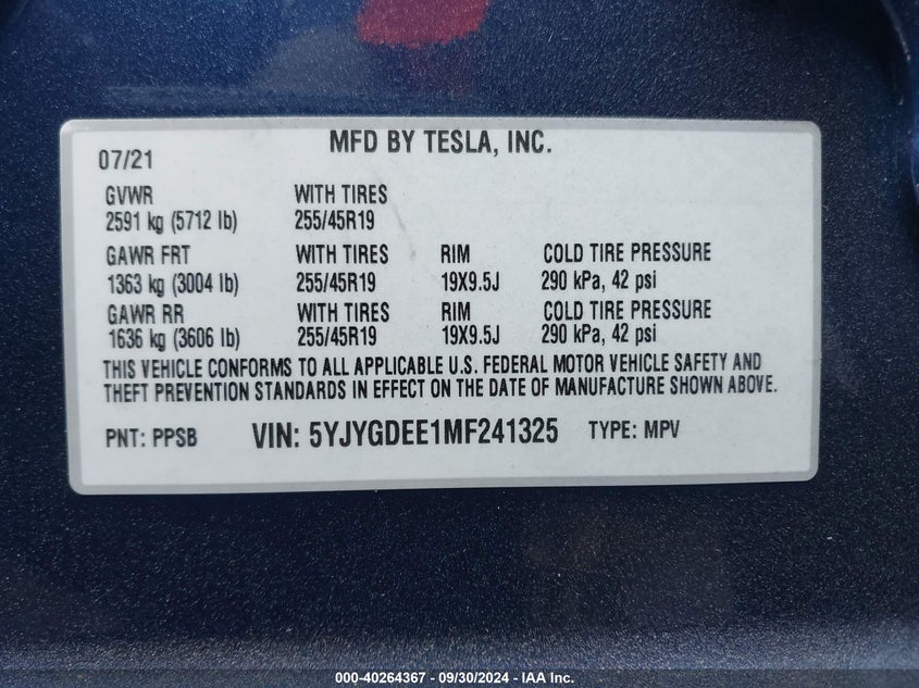 VIN 5YJYGDEE1MF241325 2021 TESLA MODEL Y LONG RANGE DUAL MOTOR ALL-WHEEL DRIVE