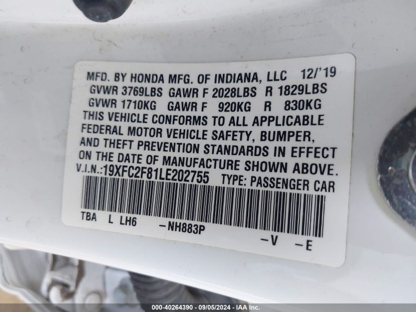 2020 Honda Civic Sport VIN: 19XFC2F81LE202755 Lot: 40264390