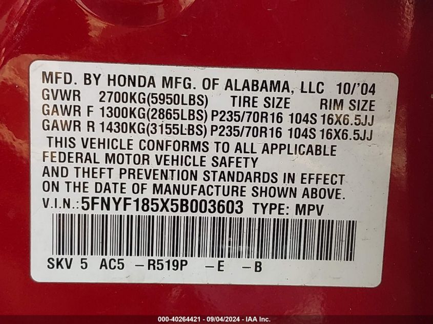 2005 Honda Pilot Ex-L VIN: 5FNYF185X5B003603 Lot: 40264421