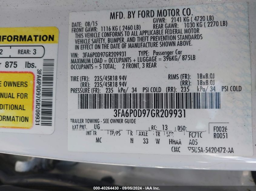 2016 Ford Fusion Titanium VIN: 3FA6P0D97GR209931 Lot: 40264430