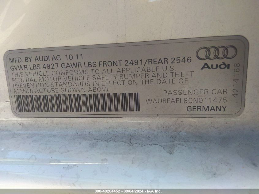 2012 Audi A4 Premium VIN: WAUBFAFL8CN011475 Lot: 40264452