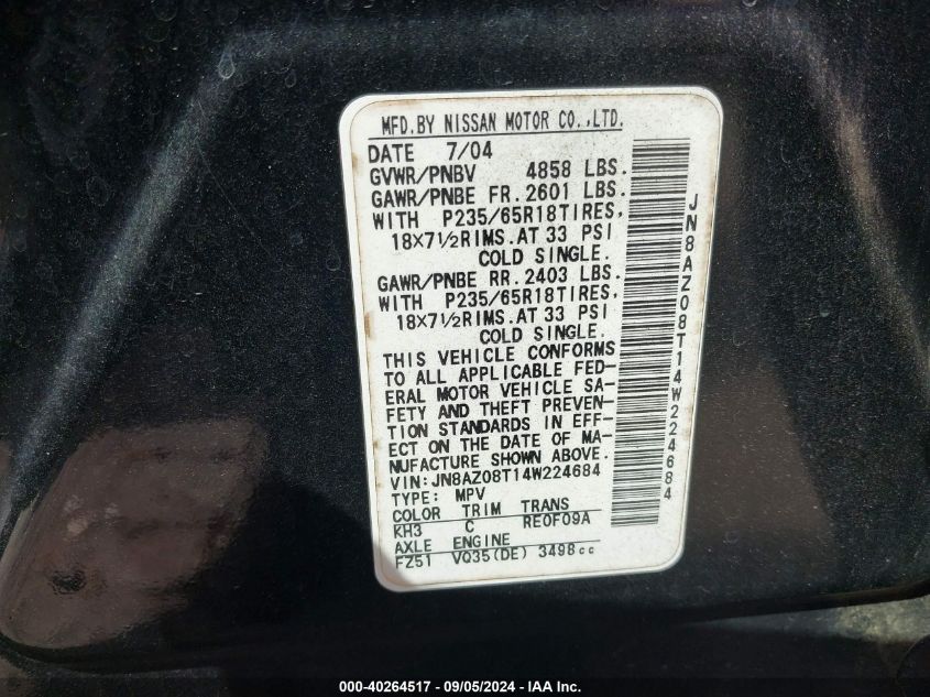 JN8AZ08T14W224684 2004 Nissan Murano Se