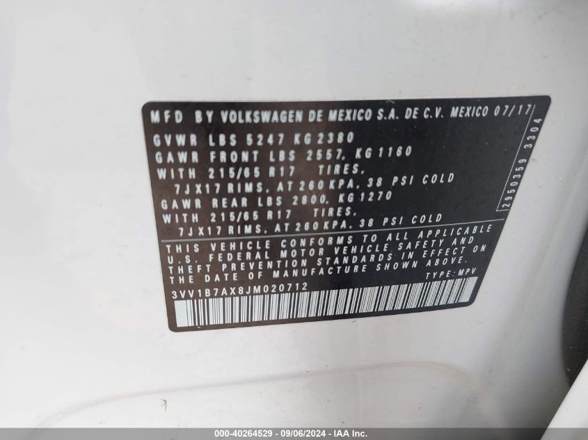 3VV1B7AX8JM020712 2018 Volkswagen Tiguan 2.0T S