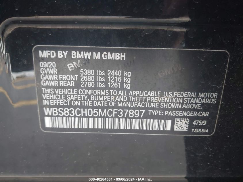 2021 BMW M5 VIN: WBS83CH05MCF37897 Lot: 40264531