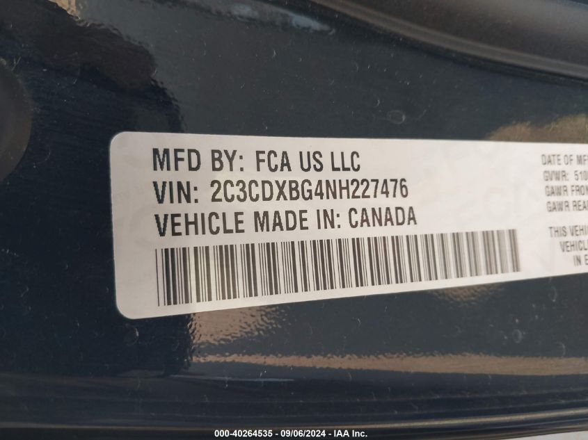 VIN 2C3CDXBG4NH227476 2022 DODGE CHARGER SXT RWD