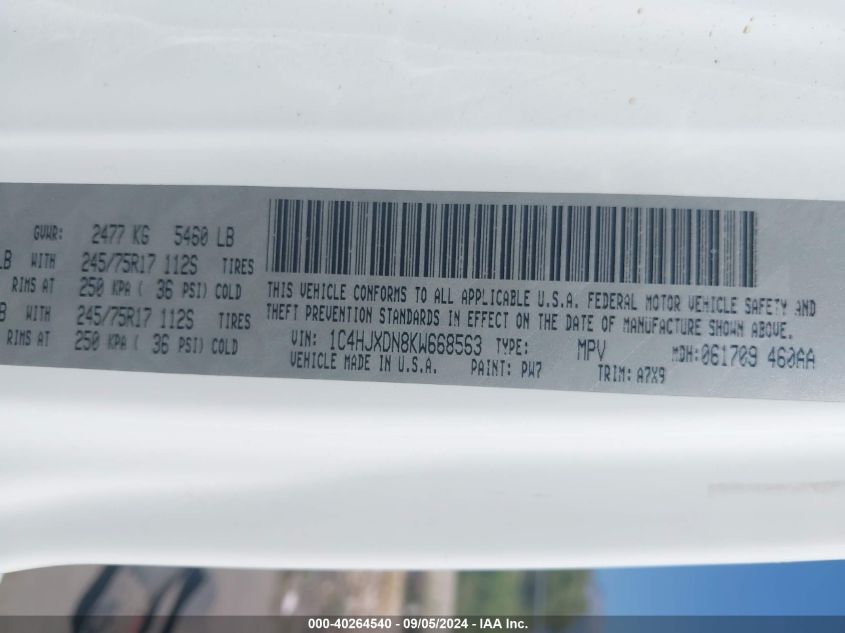 2019 Jeep Wrangler Unlimited Sport S 4X4 VIN: 1C4HJXDN8KW668563 Lot: 40264540