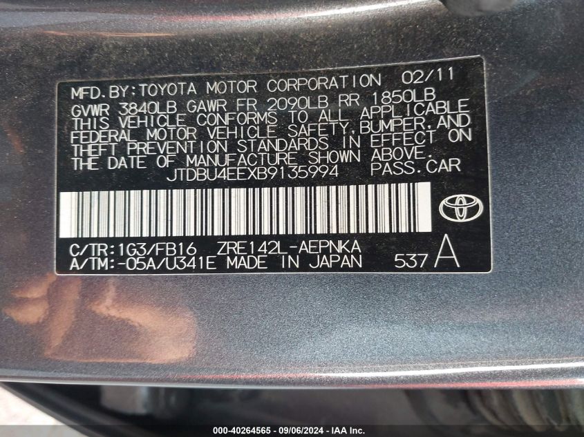 2011 Toyota Corolla Le VIN: JTDBU4EEXB9135994 Lot: 40264565