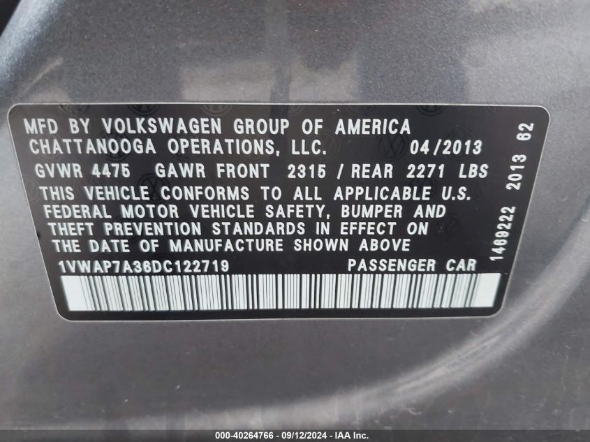 2013 Volkswagen Passat 2.5L S VIN: 1VWAP7A36DC122719 Lot: 40264766